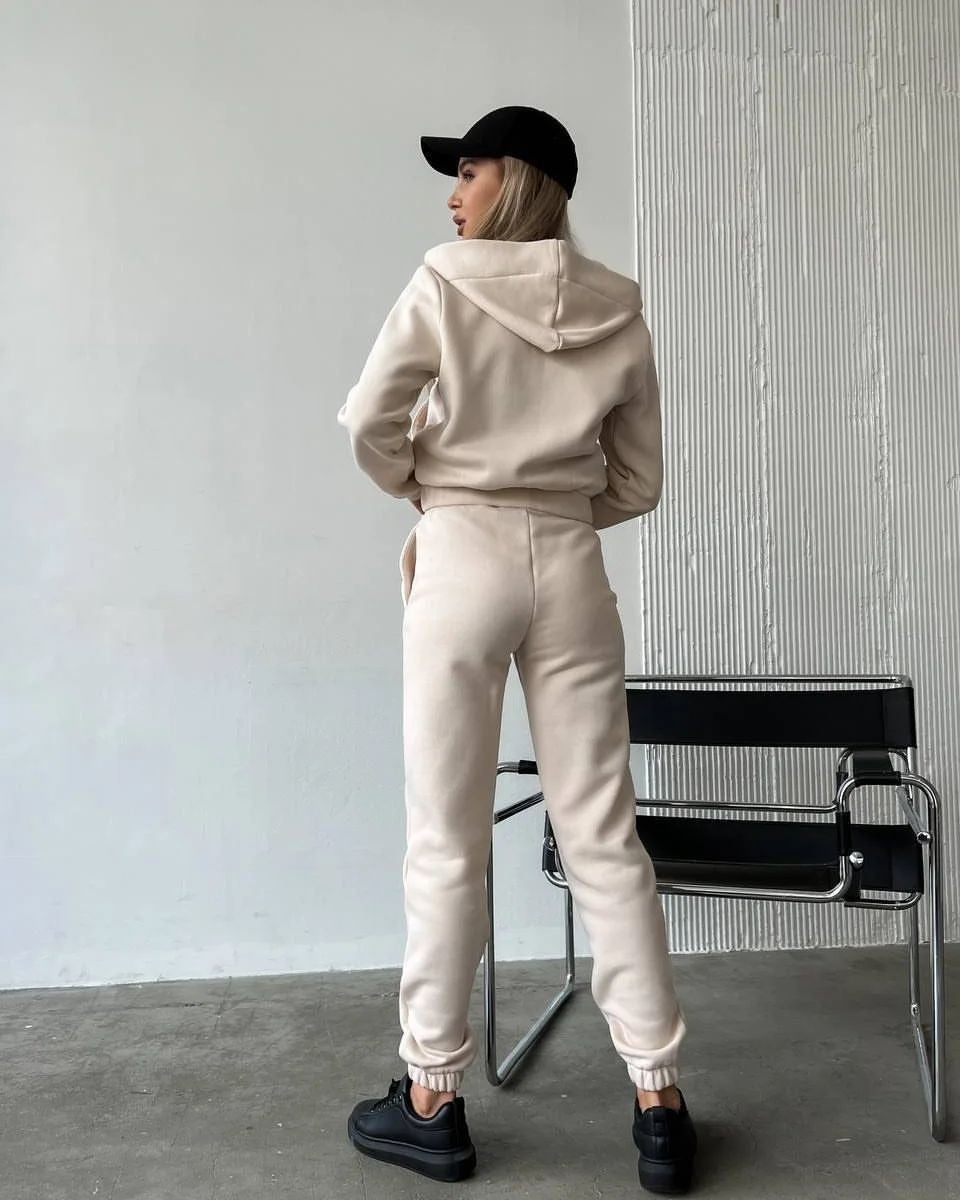 Women's Fleece-lined Long-sleeved Hooded Zipper Trousers Suits