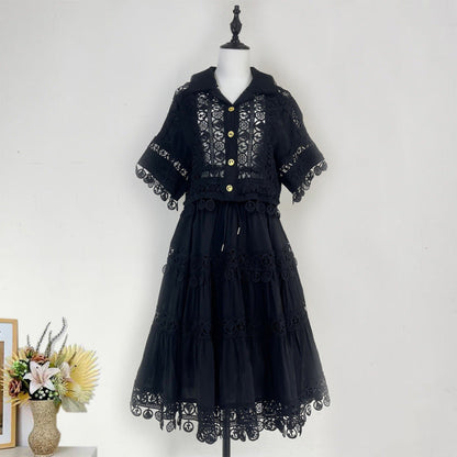 Cut-out Ruffles Shirt Elastic Waist A- Suits