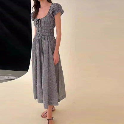Women's Plaid Square Collar Cotton Holiday Waist Mid-length Dresses