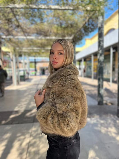 Women's Fashion Casual Contrast Color Fur Coats