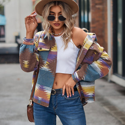 Women's Geometric Pattern Loose Lapels Pocket Button Coats