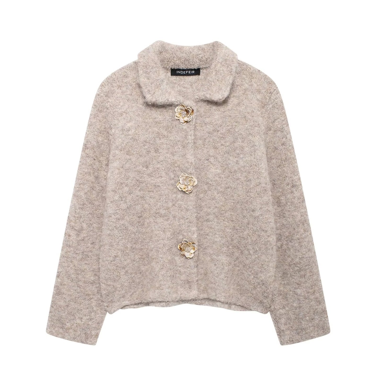 Women's Flower Breasted Artificial Fur Effect Knitted Coats