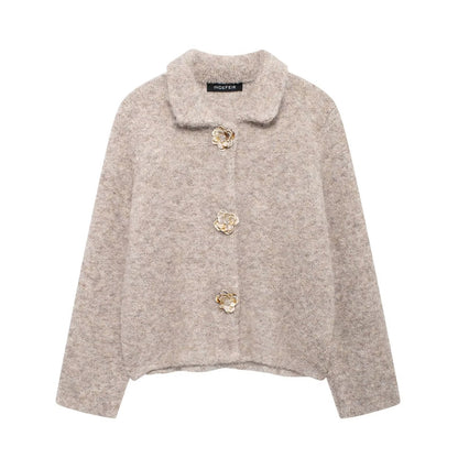Women's Flower Breasted Artificial Fur Effect Knitted Coats