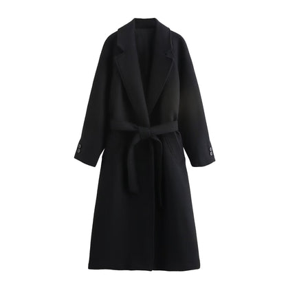 Women's Graceful Fashionable With Belt Long Woolen Coats