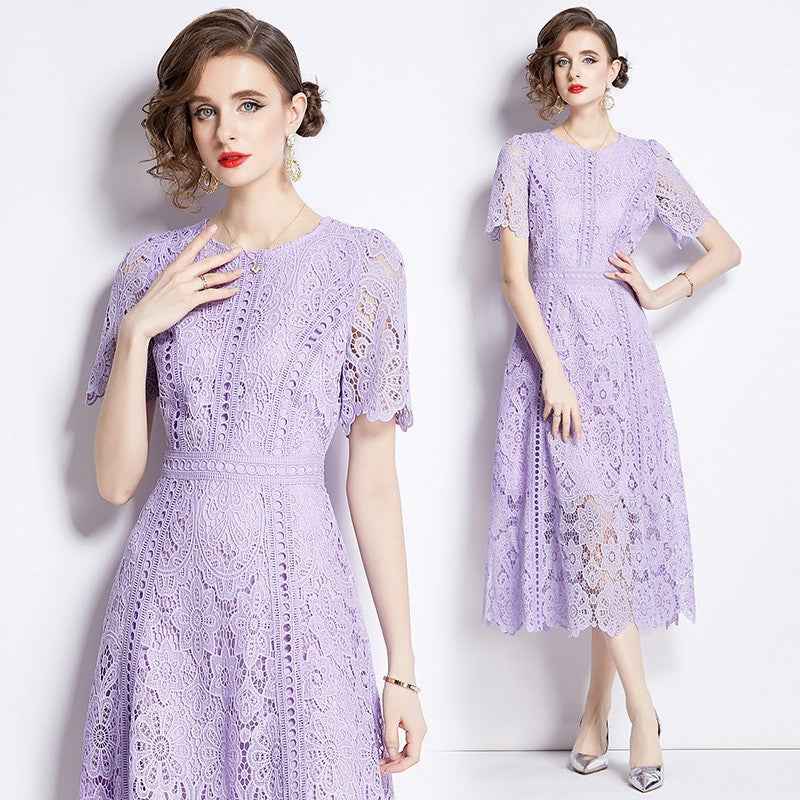 Women's Short-sleeved Lace Dress Mid-length Crocheted Hollowed Purple High Dresses