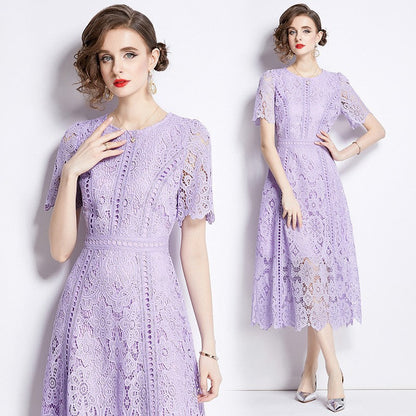 Women's Short-sleeved Lace Dress Mid-length Crocheted Hollowed Purple High Dresses