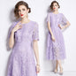 Women's Short-sleeved Lace Dress Mid-length Crocheted Hollowed Purple High Dresses