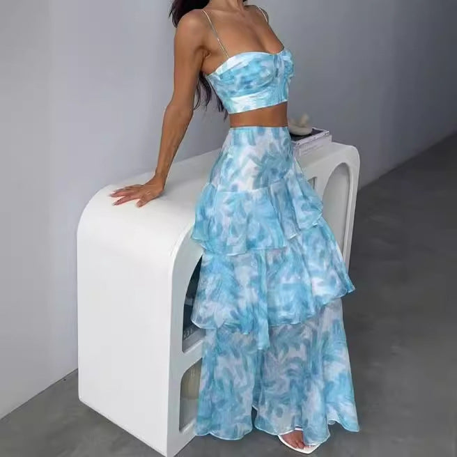 Women's Fashion Wrapped Chest Printed Backless Split Dresses