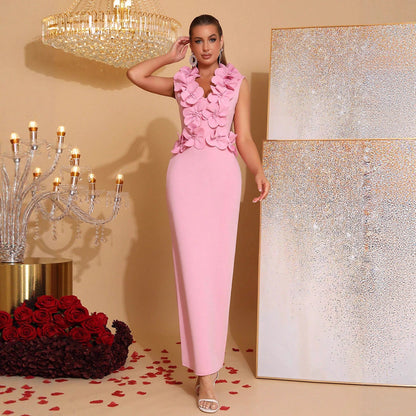 Women's Temperament Slim Fit Long Dress Stitching Three-dimensional Flower Dresses