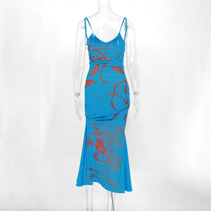 Women's Printed Pleating Long Strap Dress For Dresses