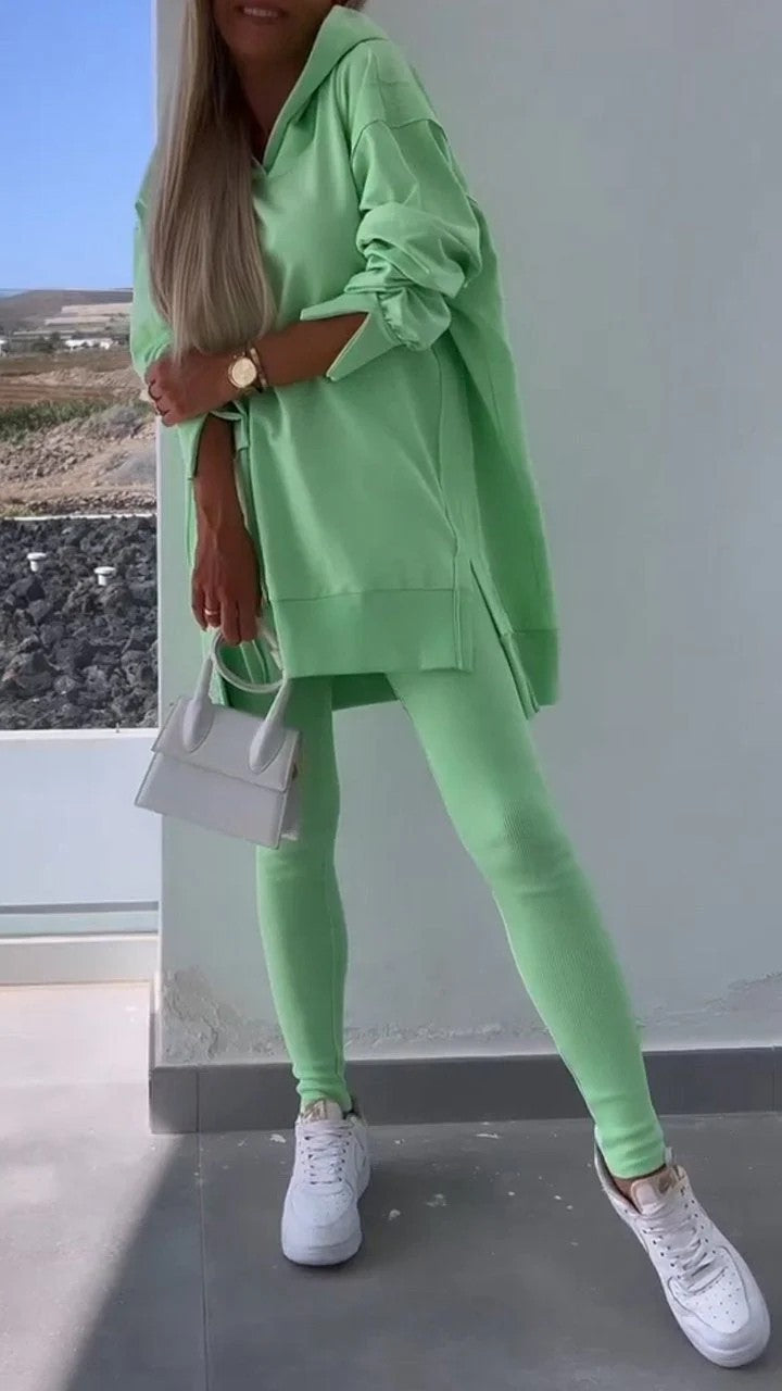 Women's Sports Casual Slit Hooded Tights Two-piece Suits