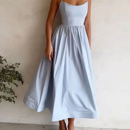 Women's Dopamine Solid Color Suspender Dress Waist Pleated Dresses