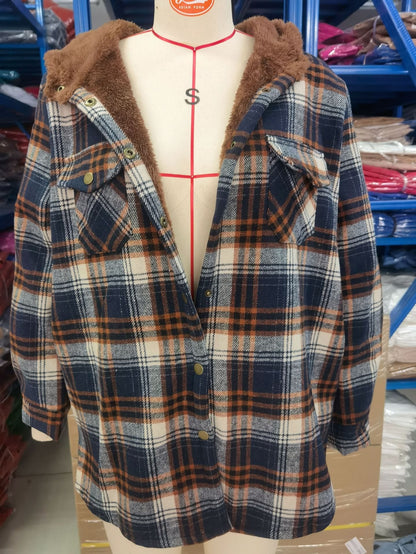 Women's Plaid Long Sleeve Furry Hooded With Jackets
