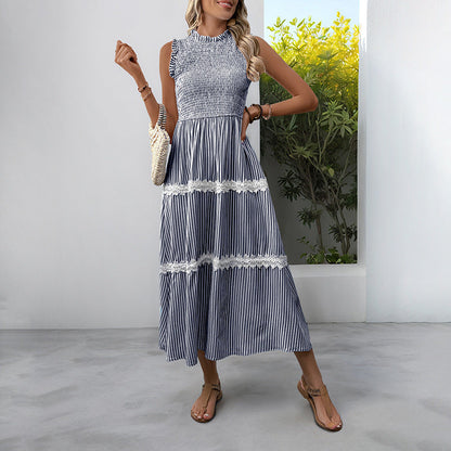 Women's Sleeveless Long Jumper Dress Smocking Striped Dresses