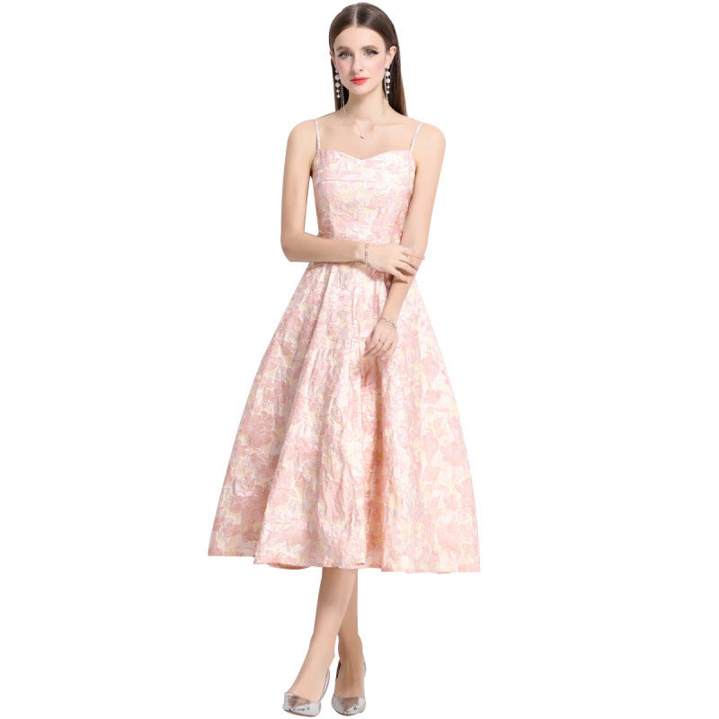 French Strap Dress Exquisite Jacquard Tight Waist A- Line Dresses
