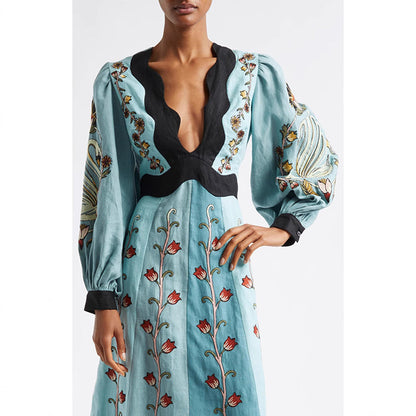 Printed Hollow Backless Dress Long Lantern Dresses