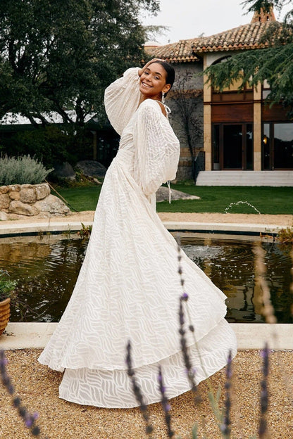 Women's Long-sleeved Oversized Jacquard Pleated Lantern Sleeve Dresses