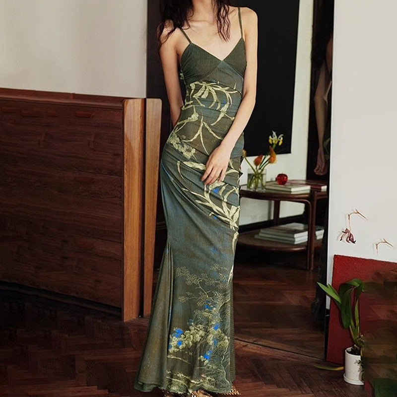 Women's Printed Pleating Long Strap Dress For Dresses