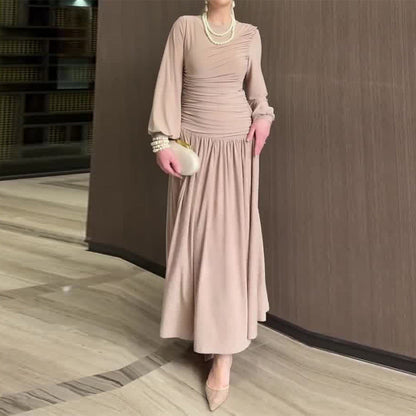 Women's Pleated Waist Tight Long Sleeve Round Dresses