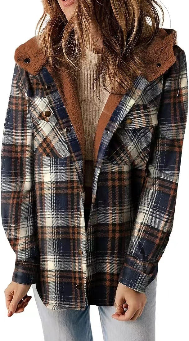 Women's Casual Plaid Hooded Woolen Fleece-lined Warm Coats