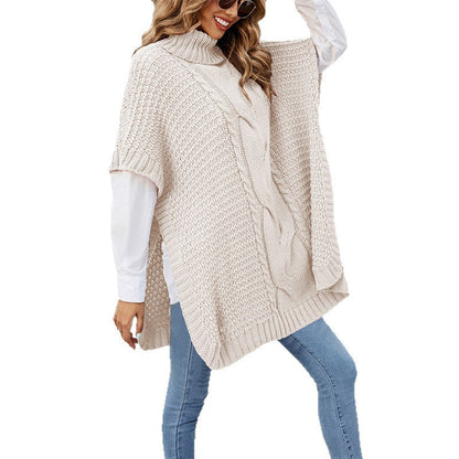 Women's Turtleneck Twist Shawl Loose Half Sleeve Knitwear