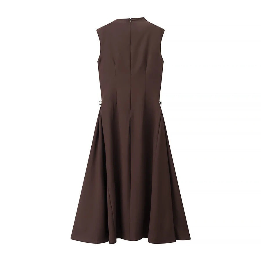 Women's High-grade Metal Button Symmetrical Pleated Sleeveless Dresses