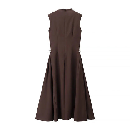 Women's High-grade Metal Button Symmetrical Pleated Sleeveless Dresses