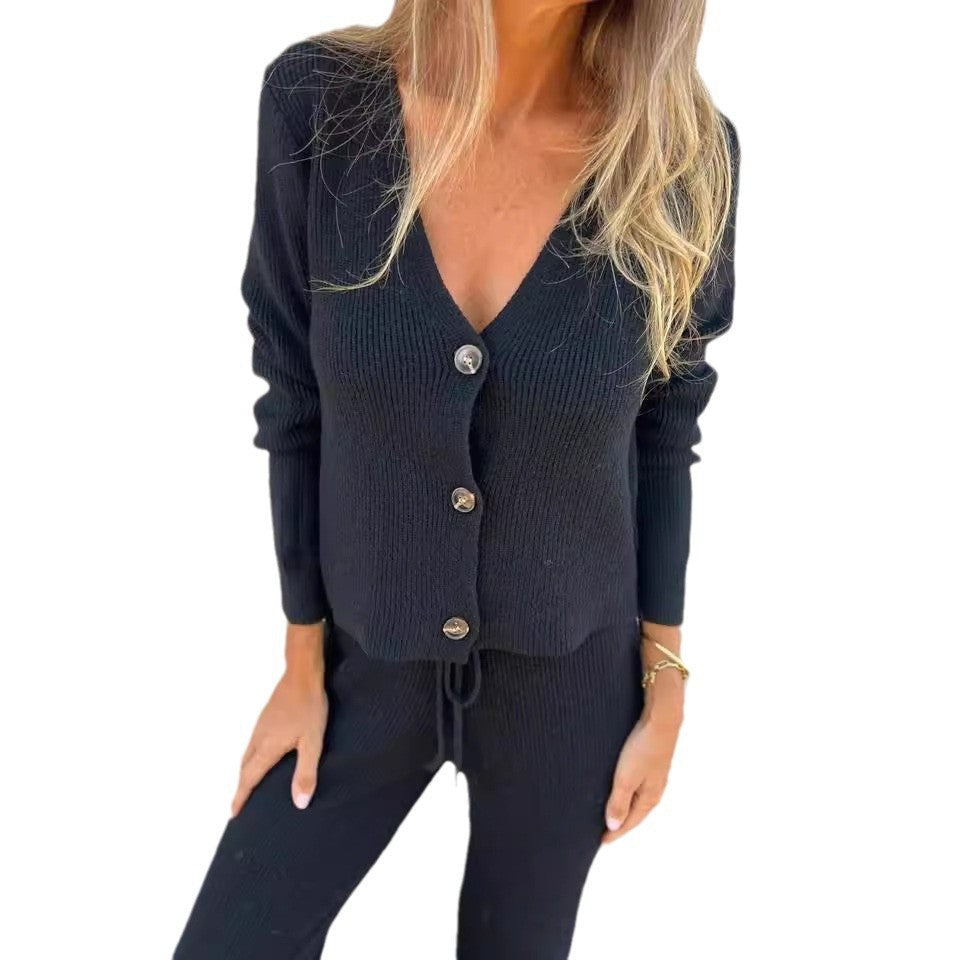 Set Long Sleeve Breasted Knitted Tether Sweaters