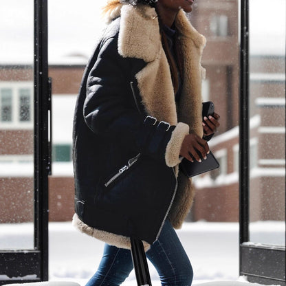 Women's Motorcycle Suede Lamb Wool Lapel Fur Coats