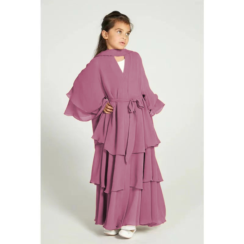 Children's Stitching Solid Color Waist Chiffon Elegant Long Dresses