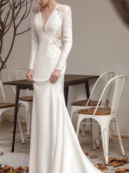 Neck Lace Long Sleeve Satin Slim Wedding Dresses