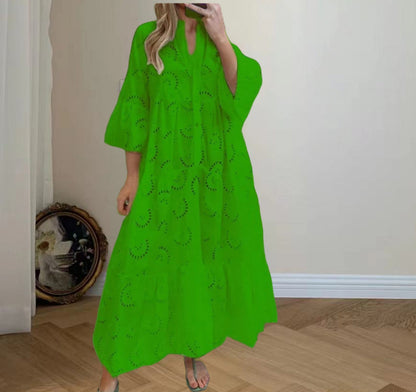 Women's Elegant Puff Sleeve Solid Color Hollow Loose Dresses