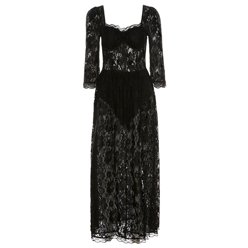 Women's Summer Lace Square Collar Sleeve Sexy Slit Slim Dresses
