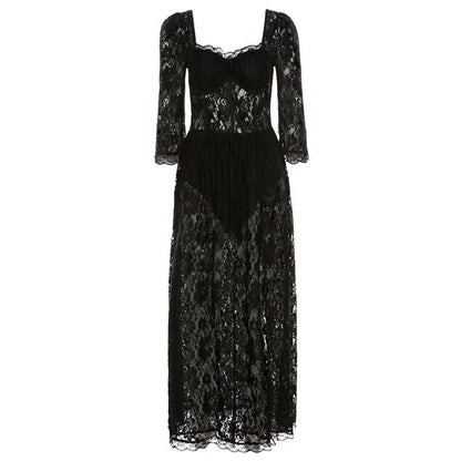 Women's Summer Lace Square Collar Sleeve Sexy Slit Slim Dresses