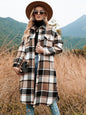 Women's Elegant Long Trench Lapel Pocket Plaid Coats