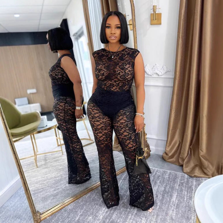 Elegant Lace Stretch Slim Fit Two-piece Suits