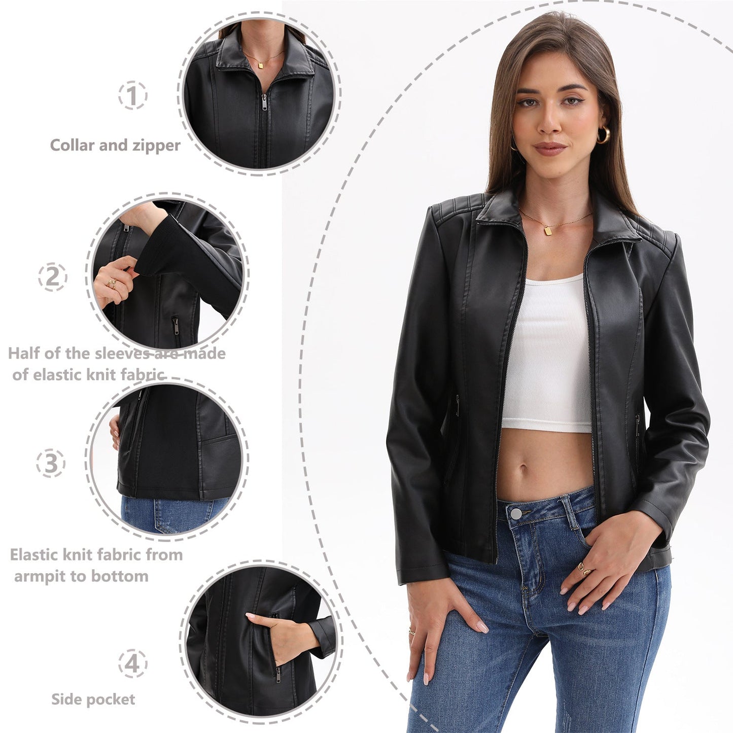 Women's Fashion Wear Leather Knitted Stitching Stretch Jackets