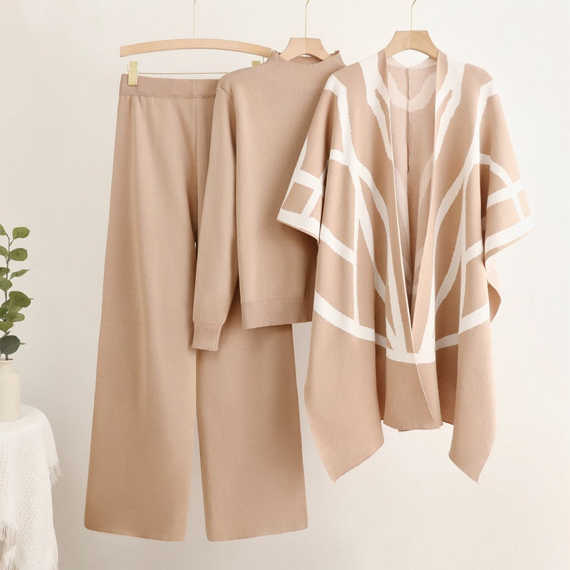 Women's Temperament Idle Style Knitted Shawl Cape Wide Leg Suits