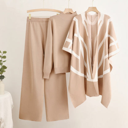 Women's Temperament Idle Style Knitted Shawl Cape Wide Leg Suits