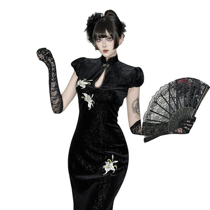 Chinese Style Sier Silk Veet Cheongsam Autumn Dark Sexy Dresses
