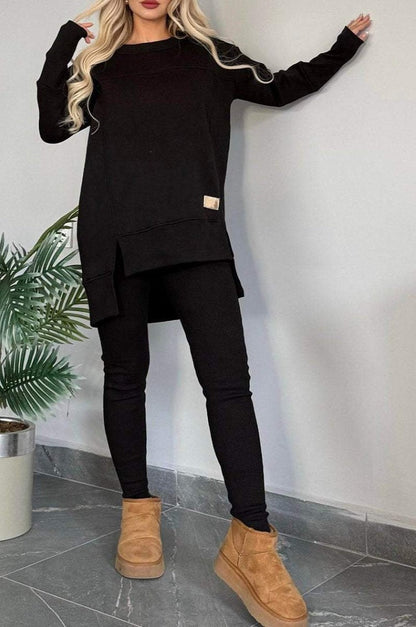 Women's Slit Long Sleeve Crew Neck Casual Suits