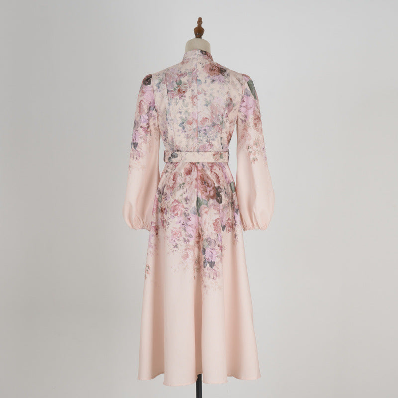 Style Stand-up Collar Puff Sleeve Single-breasted Positioning Dresses