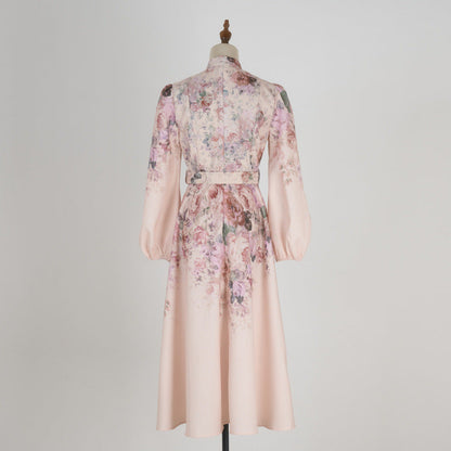 Style Stand-up Collar Puff Sleeve Single-breasted Positioning Dresses