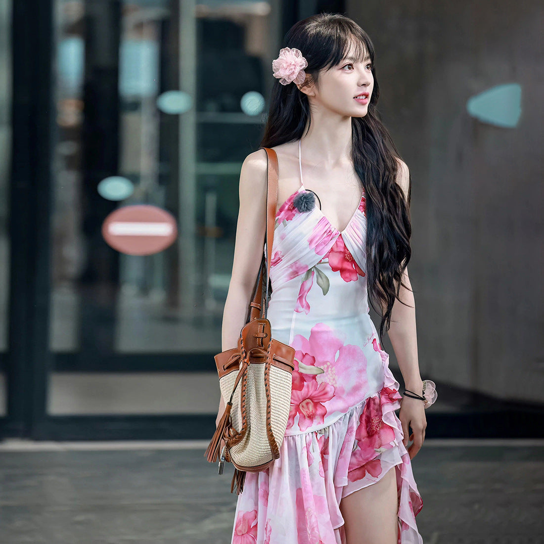 Women's Seaside Vacation Style Printed Halter Backless Dresses