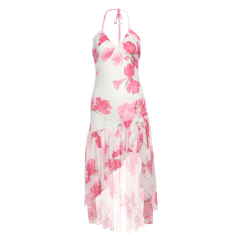 Women's Seaside Vacation Style Printed Halter Backless Dresses
