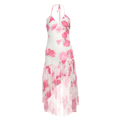 Women's Seaside Vacation Style Printed Halter Backless Dresses