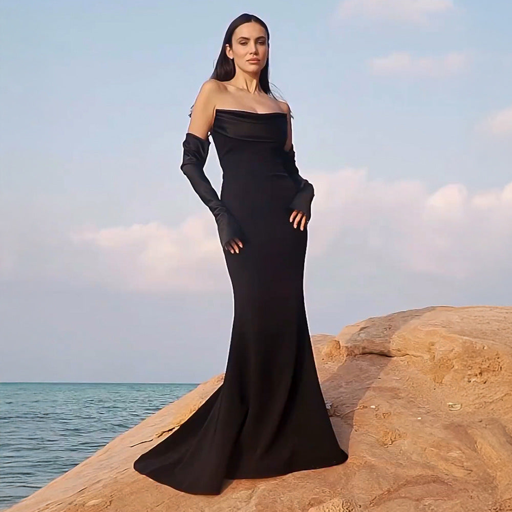 Women's Long-sleeved Dress Dinner Black White Waisted Dresses