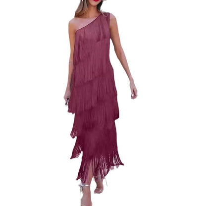 Trendy Fashion Tassel Shoulder Asymmetric Dress Dresses