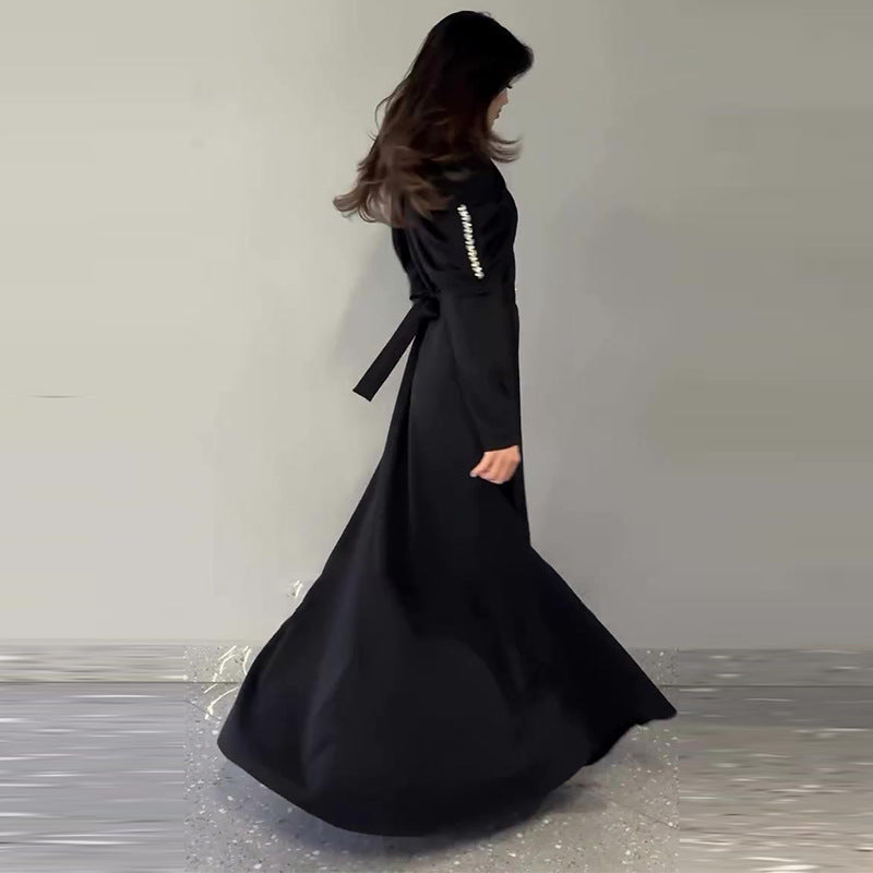 Women's Elegant Collar Open Diamond Black Long Dresses