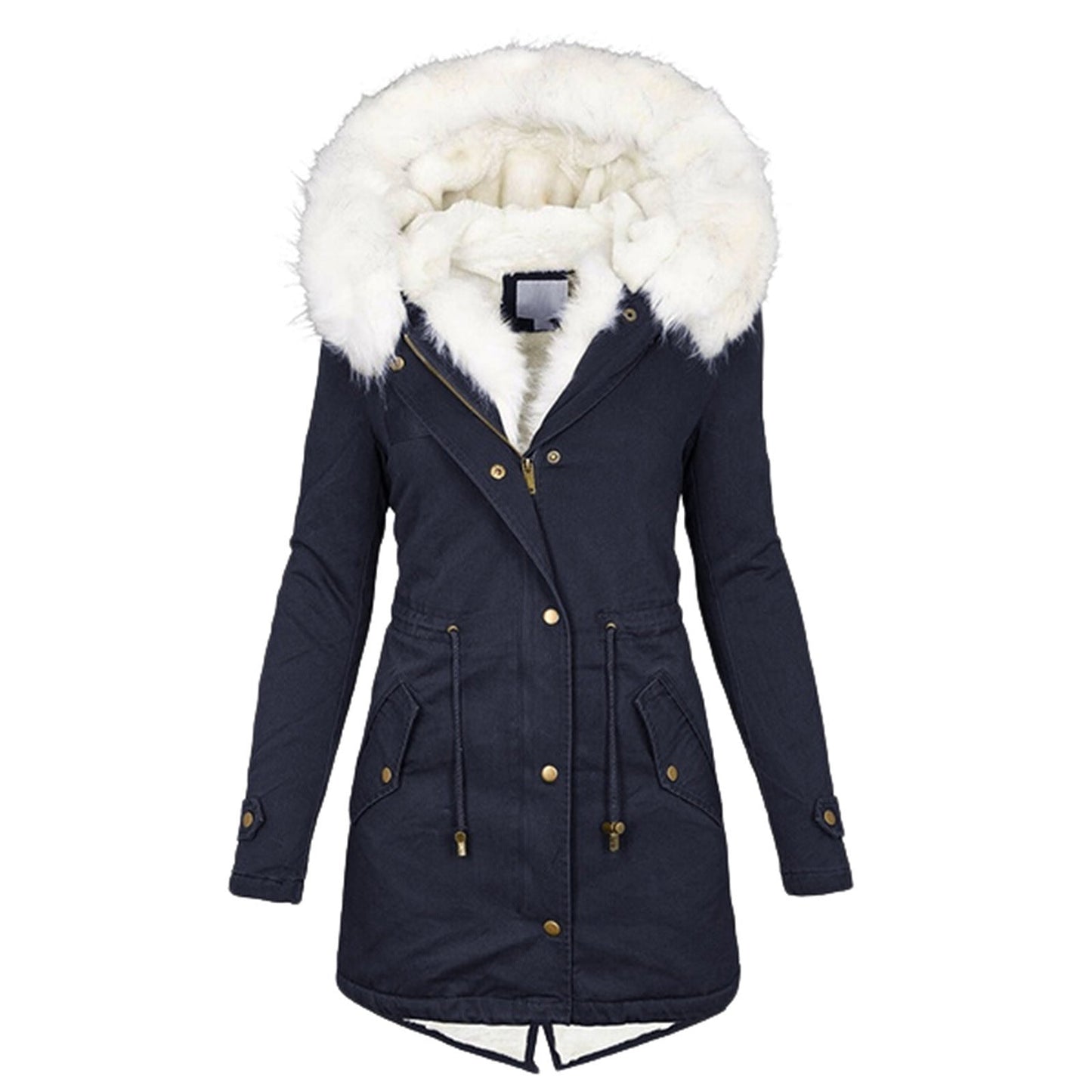 Women's Mid-length Trench White Fur Collar Hood Coats